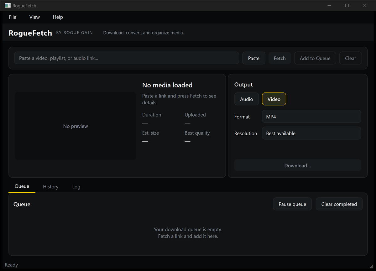 The RogueFetch Windows application, showing media metadata, conversion options, and a download queue.
